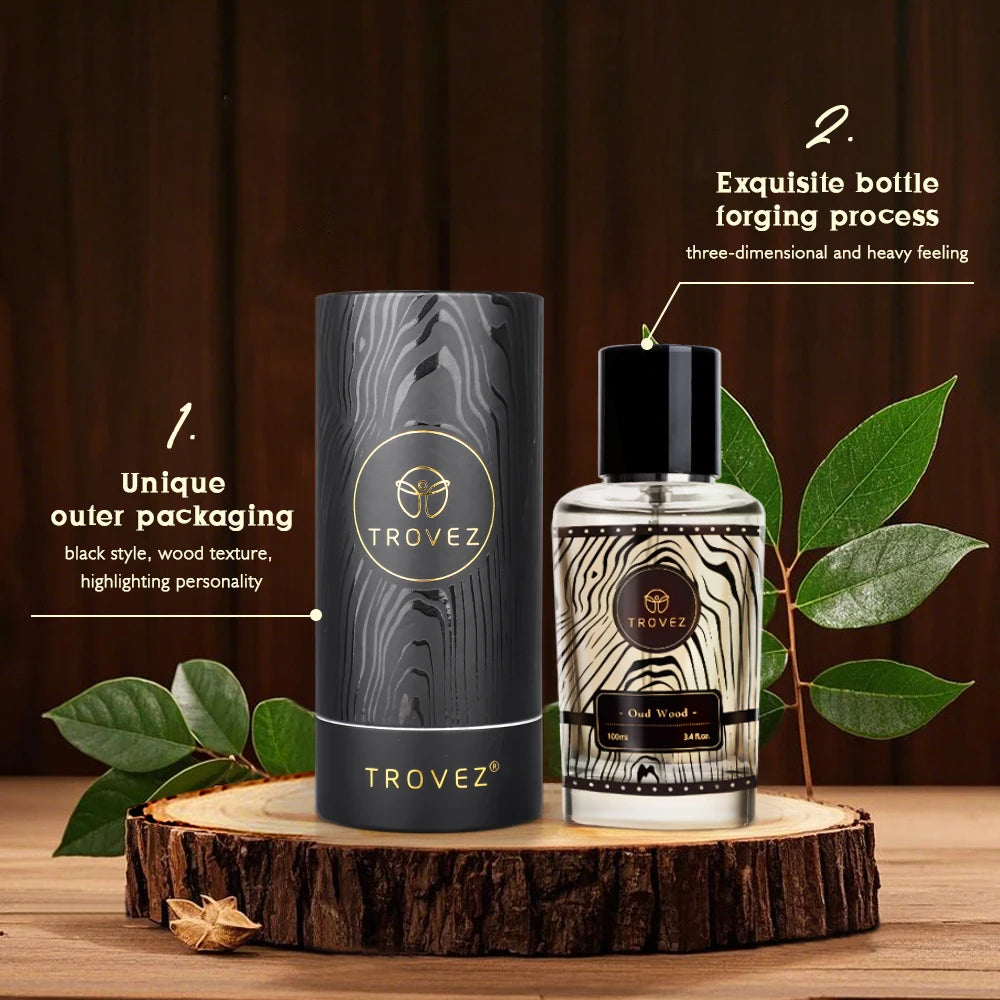 TROVEZ  Oud Wood 100ml Perfume Rich Wood Tone Perfume for Men Women Long-lasting Scent Unisex Fragrance Body Spray Romantic Gift
