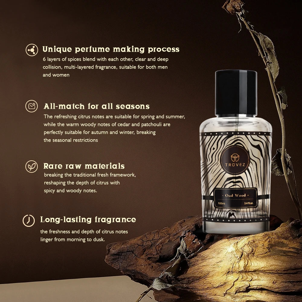 TROVEZ  Oud Wood 100ml Perfume Rich Wood Tone Perfume for Men Women Long-lasting Scent Unisex Fragrance Body Spray Romantic Gift
